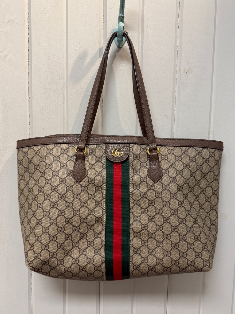 Gucci Ophidia GG Large Tote Bag in Brown with Green-Red Stripe